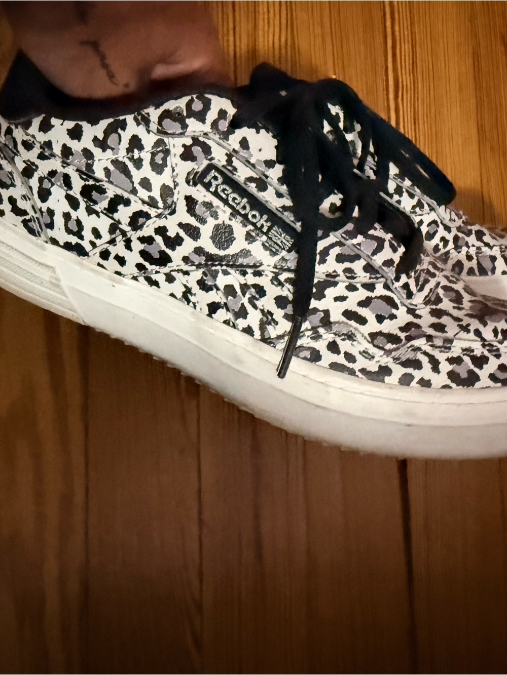 Reebok White & Black Leopard-Print Low-Top Sneakers